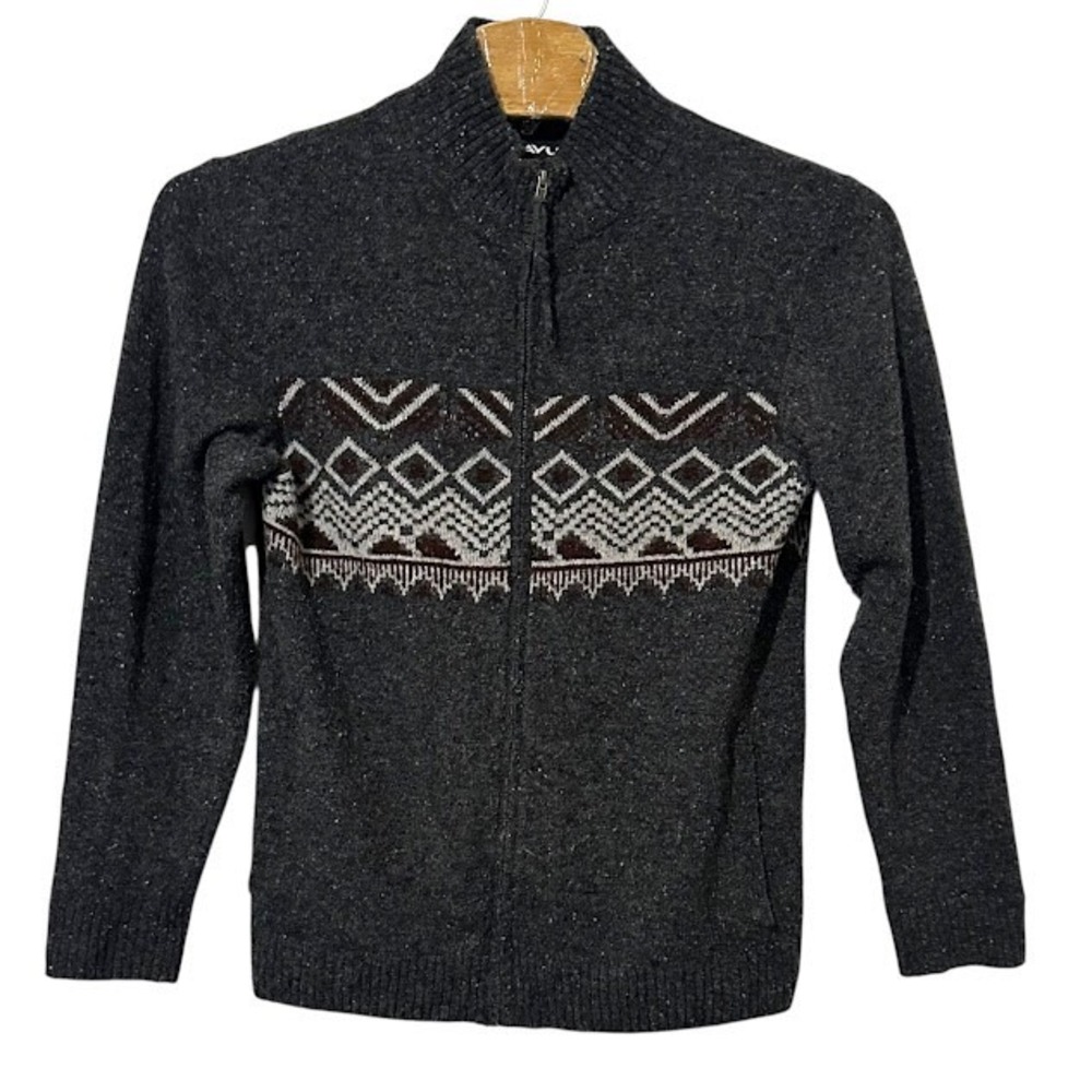 KAVU Gray White‎ Red Fair Isle Pattern Made in Nepal Wool Zip Up Sweater Mens S